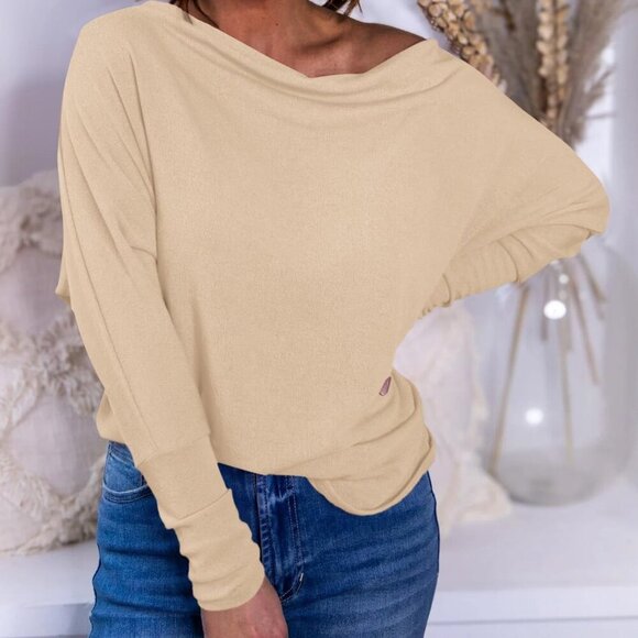 Women's Khaki Long Batwing Sleeve Off-the-Shoulder Loose Tunic Blouses - Picture 4 of 5